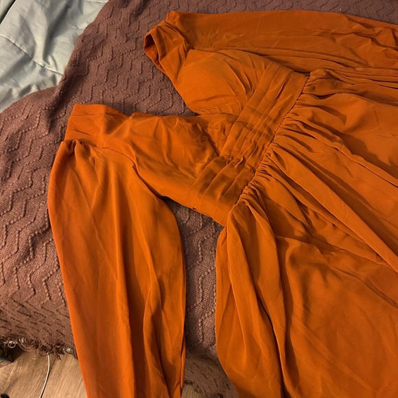 Burnt Orange Long Sleeve V Neck Formal Dress with Leg Slit - Picture 6 of 10